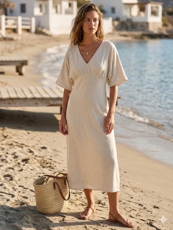 Vernacular Dresses & Skirts - Vernacular Oatmeal Cotton Linen Blend Empire Waist Midi Dress Small-Euro Summer